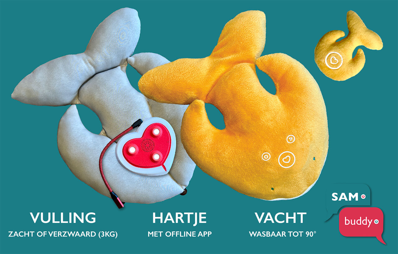 Onderdelen van de Vertelknuffel met de vulling, het hartje, de zachte oranje vacht en de mini